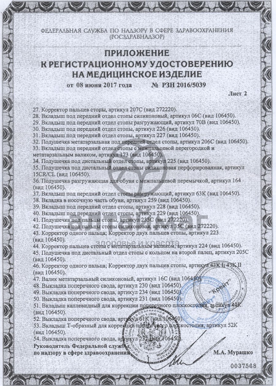 Сертификат на товар Корректор пяти пальцев стопы Hallux Pro арт. 163 Корректор пяти пальцев стопы Hallux Pro арт. 163 сертификат